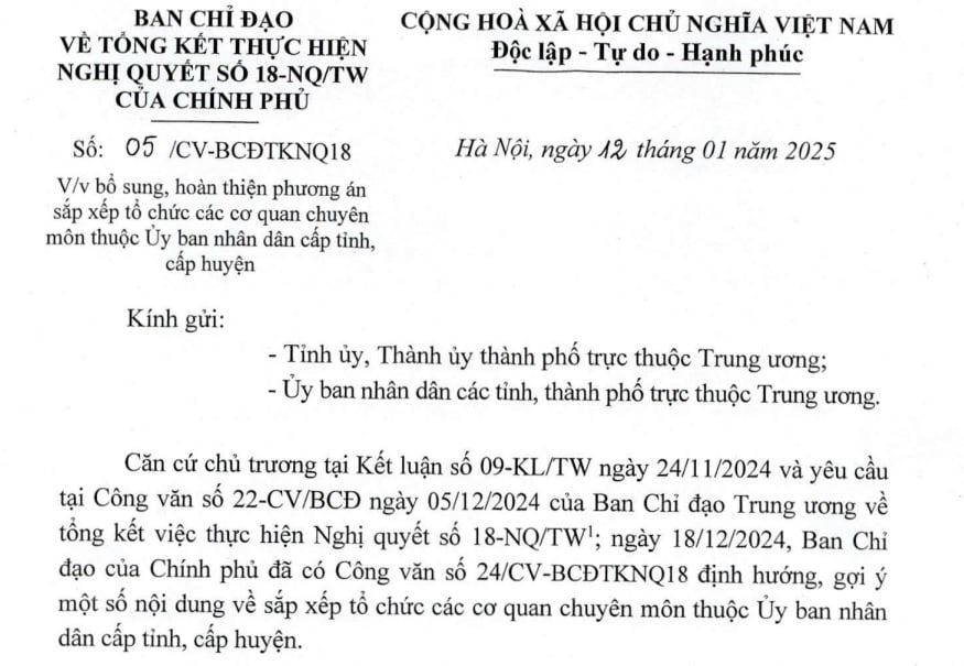 Đã có Công văn 05/CV-BCĐTKNQ18 về bổ sung phương án sắp xếp tổ chức bộ máy ở địa phương