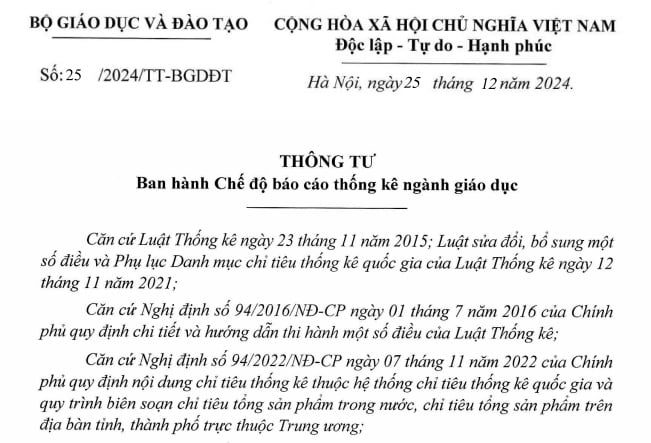 Đã có Thông tư 25/2024 về Chế độ báo cáo thống kê ngành giáo dục mới nhất