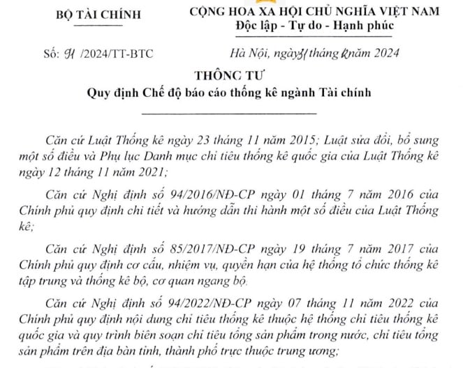 Đã có Thông tư 91/2024 về Chế độ báo cáo thống kê ngành Tài chính