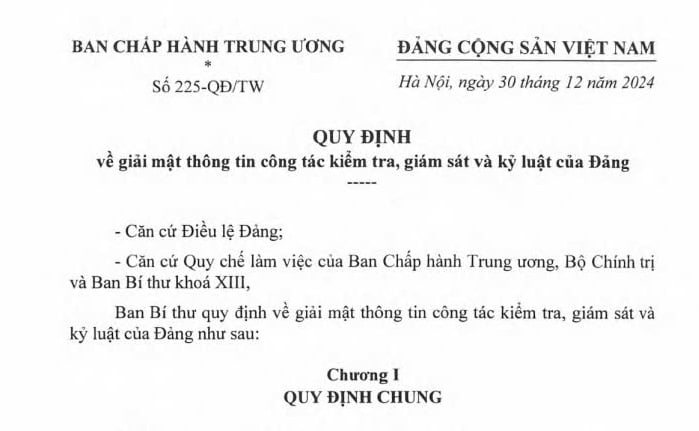 Đã có Quy định 225 về giải mật thông tin công tác kiểm tra, giám sát và kỷ luật của Đảng