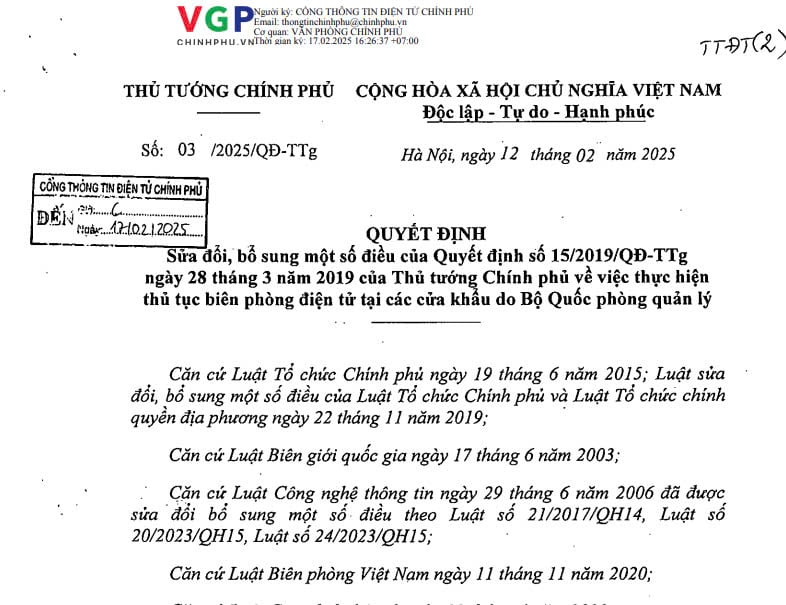 Đã có Quyết định 03/2025 sửa đổi thủ tục biên phòng điện tử tại các cửa khẩu