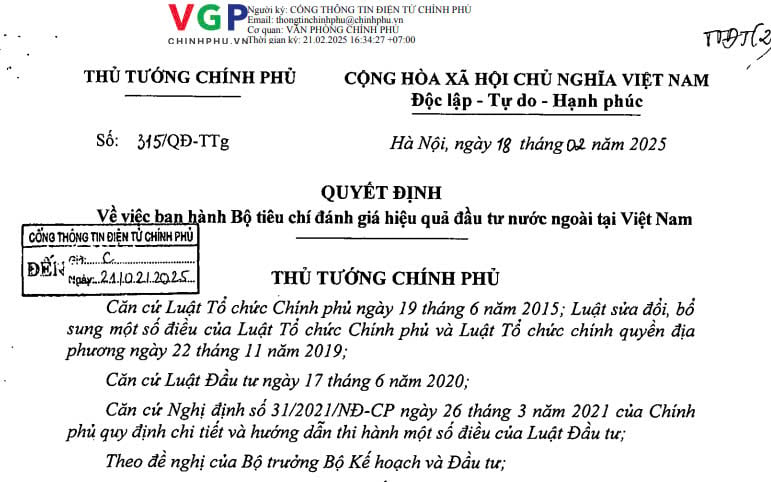 Đã có Quyết định 315 về bộ tiêu chí đánh giá hiệu quả đầu tư nước ngoài tại Việt Nam