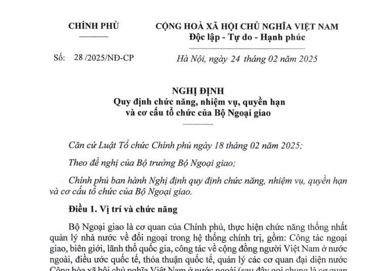 Đã có Nghị định 28/2025 quy định về cơ cấu tổ chức của Bộ Ngoại giao