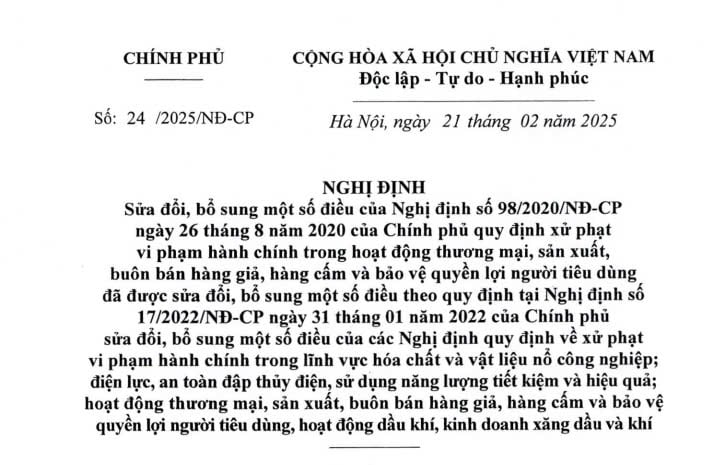 Đã có Nghị định 24/2025 sửa Nghị định 98/2020 về xử phạt hành chính trong hoạt động thương mại