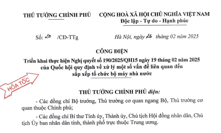 Đã có Công điện 20 triển khai Nghị quyết 190 về sắp xếp tổ chức bộ máy nhà nước