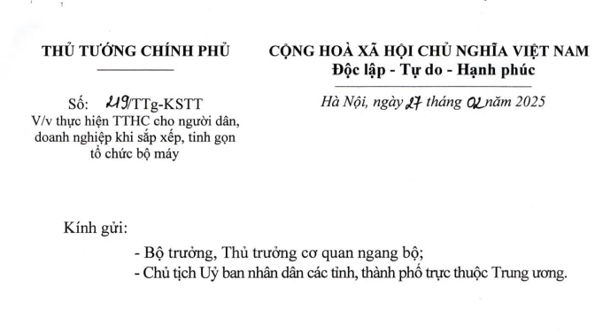 Công văn 219 về thực hiện TTHC cho người dân doanh nghiệp khi tinh gọn bộ máy