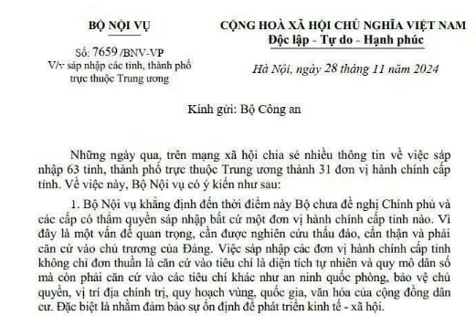 Công văn 7659 về sáp nhập tỉnh thành trực thuộc Trung ương của Bộ Nội vụ