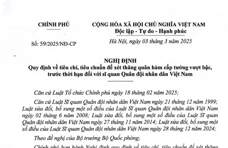 Đã có Nghị định 59/2025 quy định về tiêu chí xét thăng quân hàm cấp tướng vượt bậc