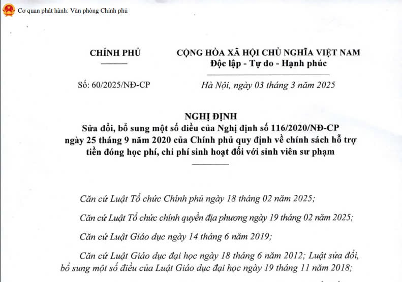 Đã có Nghị định 60/2025 Sửa đổi về chính sách hỗ trợ tiền đóng học phí đối với sinh viên sư phạm