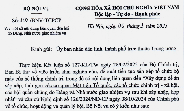 Công văn 110/BNV-TCPCP tạm dừng giải quyết thủ tục phát sinh sau 1/3 đối với hội