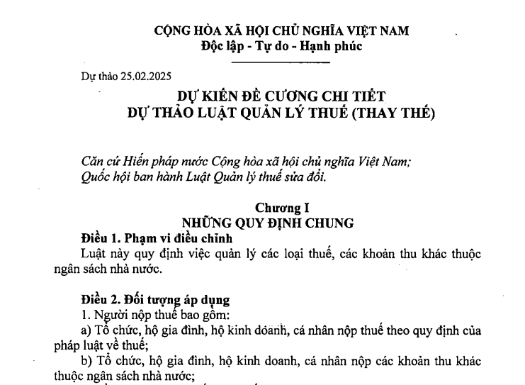 Chi tiết đề cương dự thảo Luật Quản lý thuế (thay thế) 