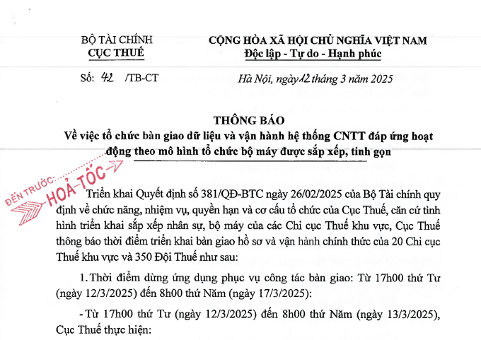 Thông báo 42: Thời gian vận hành hệ thống của Cục Thuế theo mô hình mới 