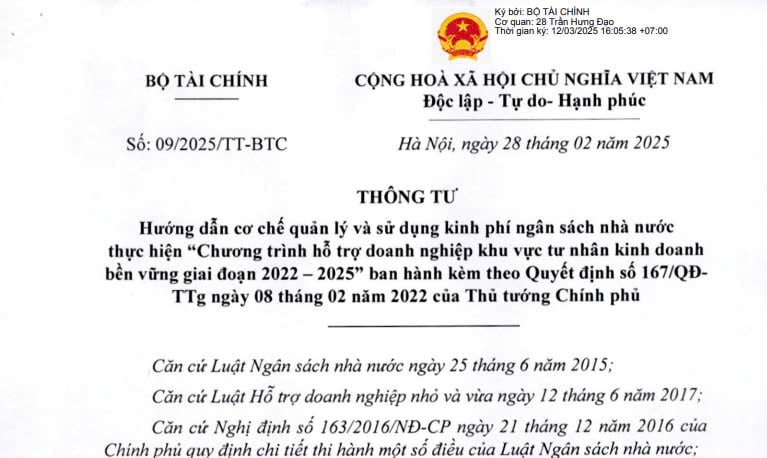 Đã có Thông tư 09/2025 hướng dẫn sử dụng kinh phí hỗ trợ doanh nghiệp tư nhân kinh doanh bền vững