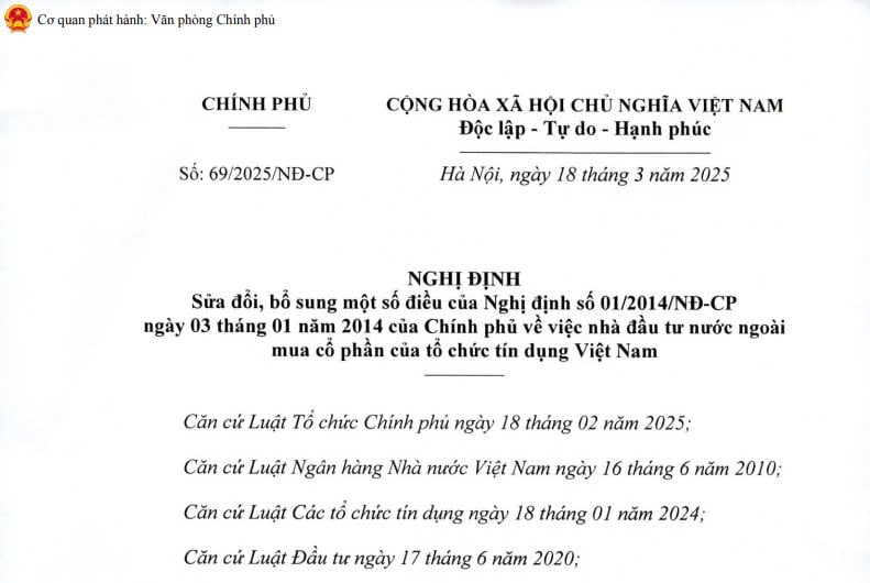 Đã có Nghị định 69/2025 sửa đổi việc nhà đầu tư nước ngoài mua cổ phần của tổ chức tín dụng Việt Nam