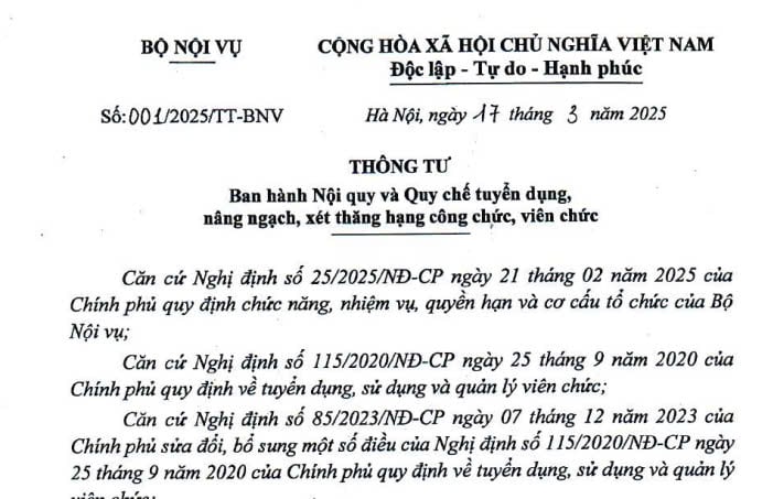 Đã có Thông tư 001/2025 Quy chế tuyển dụng,nâng ngạch, xét thăng hạng công chức, viên chức