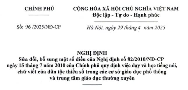 Đã có Nghị định 96/2025/NĐ-CP sửa đổi Nghị định 82/2010/NĐ-CP về dạy học tiếng dân tộc thiểu số