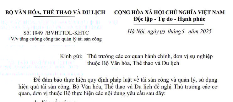 Đã có toàn văn Công văn 1949/BVHTTDL-KHTC về tăng cường công tác quản lý tài sản công
