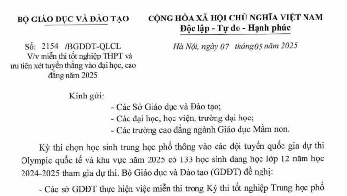 Toàn văn Công văn 2154/BGDĐT-QLCL về miễn thi tốt nghiệp THPT và ưu tiên xét tuyển thẳng vào đại học năm 2025