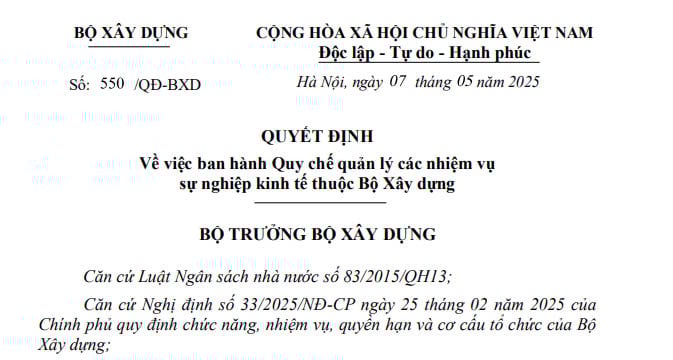 Đã có Quyết định 550/QĐ-BXD về quy chế quản lý các nhiệm vụ sự nghiệp kinh tế thuộc Bộ Xây dựng