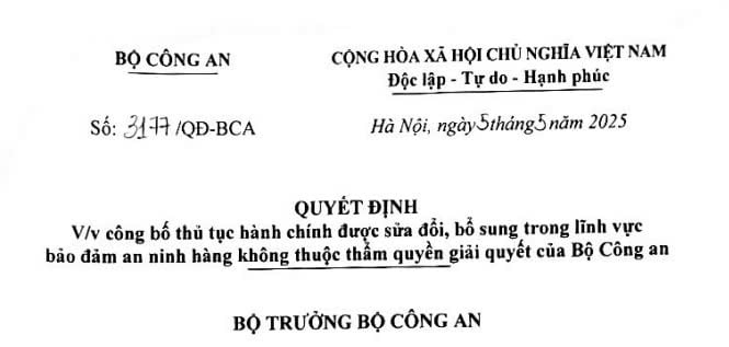 Toàn văn Quyết định 3177/QĐ-BCA công bố 07 thủ tục hành chính được sửa đổi trong lĩnh vực an ninh hàng không