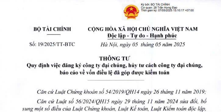 Đã có Thông tư 19/2025/TT-BTC về đăng ký công ty đại chúng, hủy tư cách công ty đại chúng