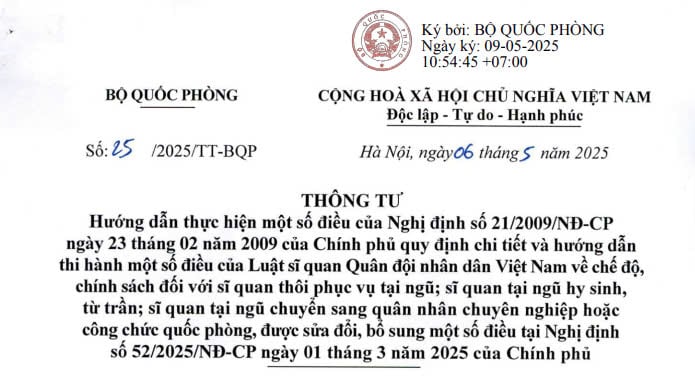 Đã có Thông tư 25/2025/TT-BQP về chế độ với sĩ quan tại ngũ thôi phục vụ, hy sinh, từ trần