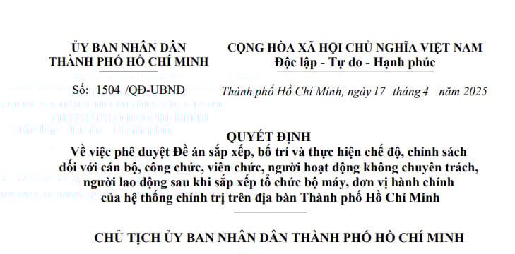 Đã có Quyết định 1504/QĐ-UBND phê duyệt Đề án chế độ chính sách đối với cán bộ công chức khi sáp nhập tại TPHCM