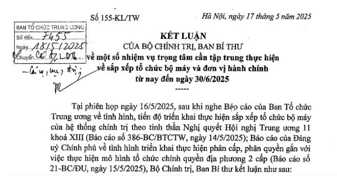 Đã có toàn văn Kết luận 155-KL/TW về sắp xếp tổ chức bộ máy và đơn vị hành chính từ nay đến 30/6/2025