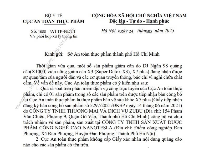Cục ATTP đề nghị khẩn trương kiểm tra, xác minh sản phẩm giảm cân do DJ Ngân 98 quảng cáo
