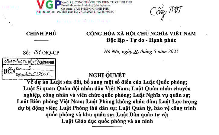 Đã có Nghị quyết 151/NQ-CP chính thức thông qua dự án Luật sửa đổi 11 Luật về quân sự quốc phòng