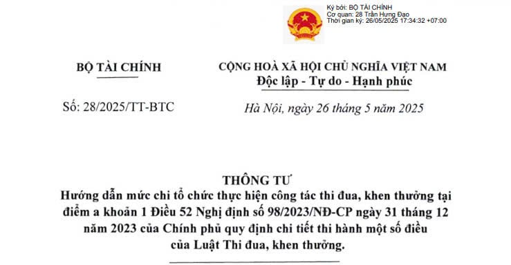 Đã có Thông tư 28/2025/TT-BTC hướng dẫn mức chi tổ chức công tác thi đua khen thưởng