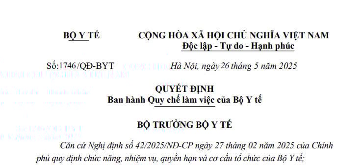 Đã có Quyết định 1746/QĐ-BYT về Quy chế làm việc của Bộ Y tế từ 01/6/2025