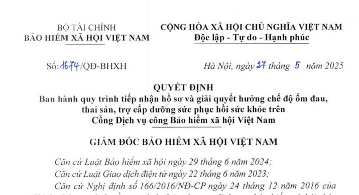 Toàn văn Quyết định 1674 về quy trình tiếp nhận hồ sơ và giải quyết chế độ ốm đau, thai sản