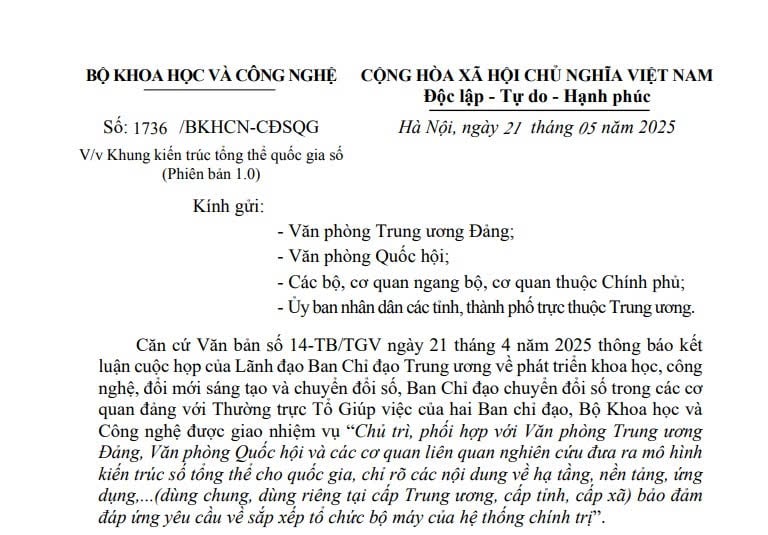 Công văn 1736/BKHCN-CĐSQG: Khung kiến trúc tổng thể quốc gia số (Phiên bản 1.0) 