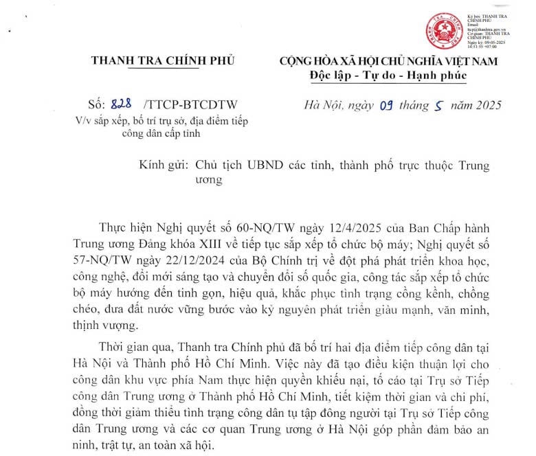 Thanh tra Chính phủ hướng dẫn sắp xếp, bố trí trụ sở, địa điểm tiếp công dân cấp tỉnh (Công văn 828/TTCP-BTCDTW)