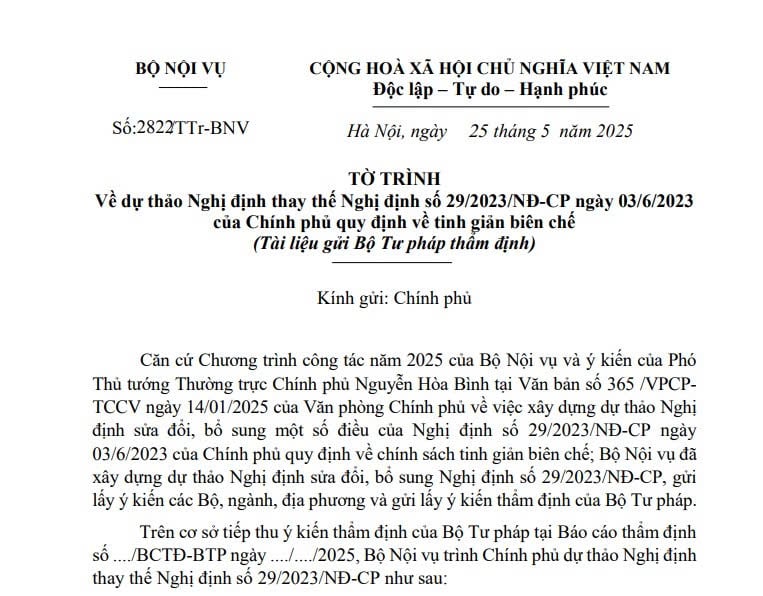 Tờ trình 2822/TTr-BNV: Dự thảo Nghị định tinh giản biên chế thay thế Nghị định 29/2023/NĐ-CP