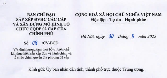 Đã có Công văn 09/CV-BCĐ về bố trí biên chế khi sắp xếp ĐVHC và tổ chức chính quyền địa phương 02 cấp