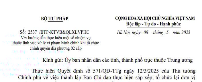 Toàn văn Công văn 2537 hướng dẫn xử lý vi phạm hành chính khi tổ chức chính quyền địa phương 2 cấp