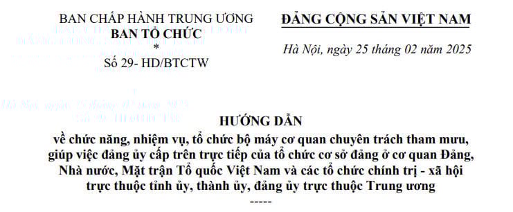 Đã có Hướng dẫn 29-HD/BTCTW về cơ cấu tổ chức bộ máy cơ quan tham mưu cho Đảng ủy cấp trên