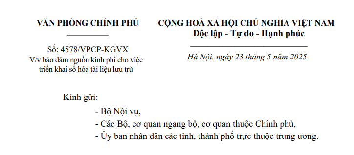 Công văn 4578: Yêu cầu bảo đảm nguồn kinh phí cho việc triển khai số hóa tài liệu lưu trữ