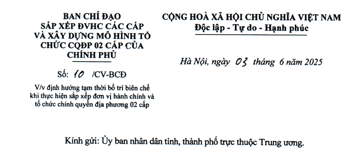 Đã có Công văn 10/CV-BCĐ về bố trí biên chế khi sắp xếp đơn vị hành chính các cấp