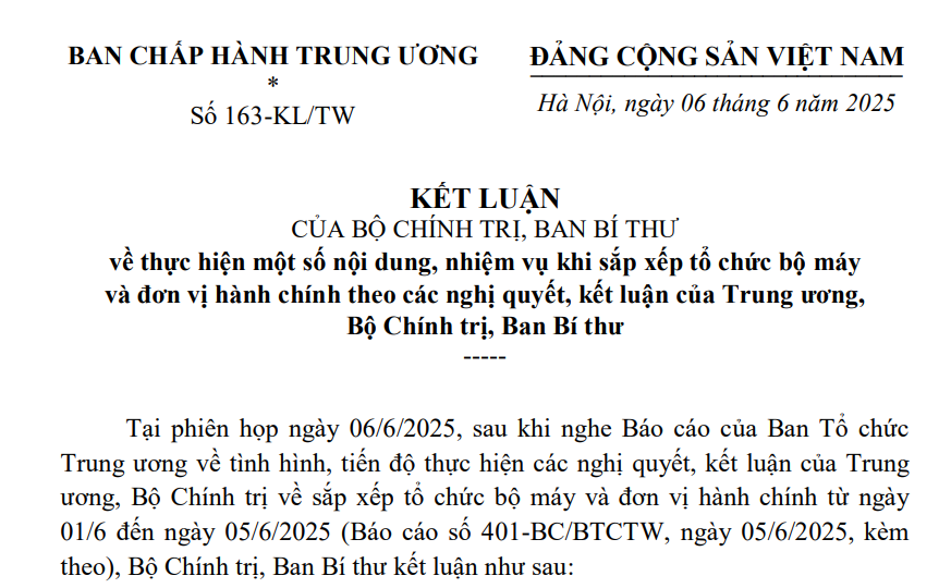 Đã có Kết luận 163-KL/TW thực hiện nhiệm vụ sắp xếp bộ máy và đơn vị hành chính theo nghị quyết Trung ương