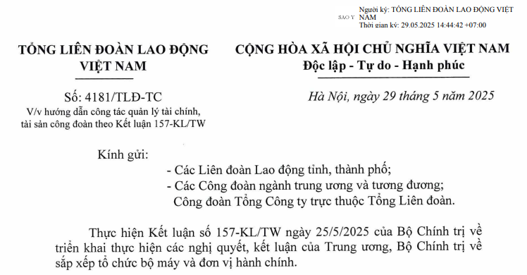 Công văn 4181/TLĐ-TC: Hướng dẫn quản lý tài chính, tài sản công đoàn theo Kết luận 157