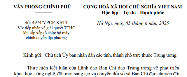 Công văn 4974: Hướng dẫn giải quyết TTHC khi sắp xếp tổ chức bộ máy chính quyền địa phương