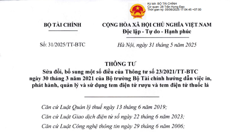 Đã có Thông tư 31/2025/TT-BTC sửa đổi Thông tư 23/2021/TT-BTC về tem điện tử