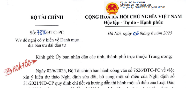 Công văn 7816/BTC-PC: Chỉ đạo hỏa tốc về danh mục địa bàn ưu đãi đầu tư của Bộ Nội vụ