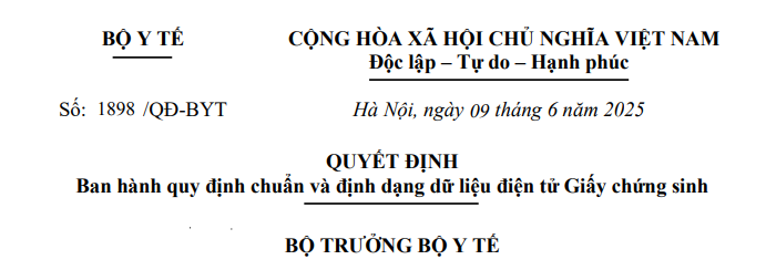 Quyết định 1898/QĐ-BYT: Chi tiết về chuẩn và định dạng dữ liệu điện tử Giấy chứng sinh