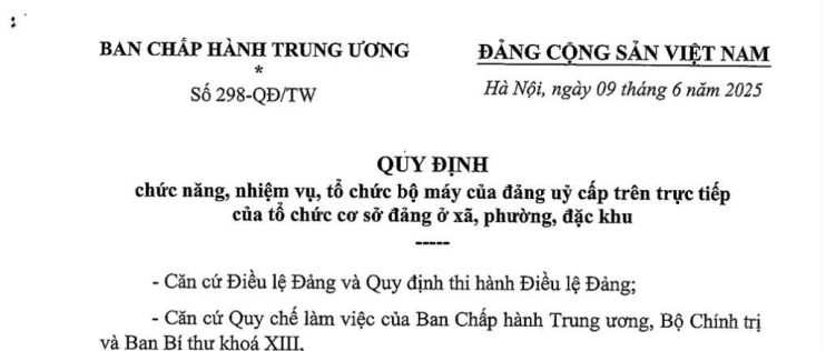Đã có Quy định 298/QĐ-TW về tổ chức bộ máy của đảng uỷ cấp trên trực tiếp của tổ chức cơ sở đảng cấp xã
