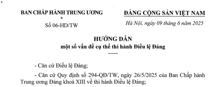 Đã có Hướng dẫn 06-HD/TW hướng dẫn cụ thể thi hành Điều lệ Đảng