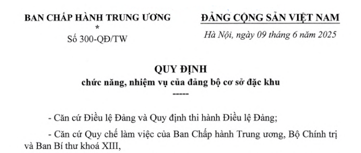 Đã có Quy định 300-QĐ/TW về chức năng, nhiệm vụ của đảng bộ cơ sở đặc khu